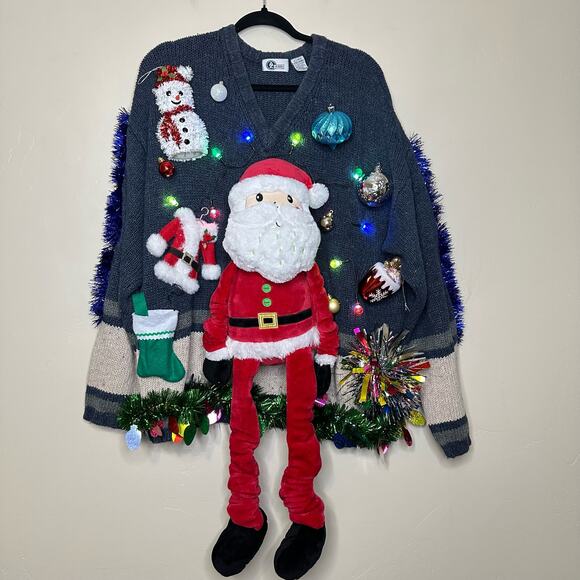 Ugly Christmas Sweater Santa LIGHTS UP Tacky Tinsel Xmas Party Winner Size XL - Picture 1 of 5